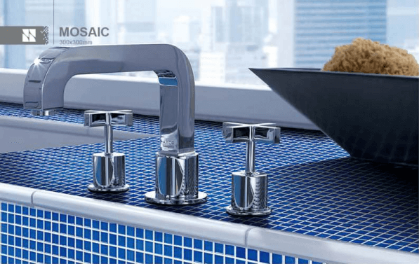 blue glass mosaic used for kitchen