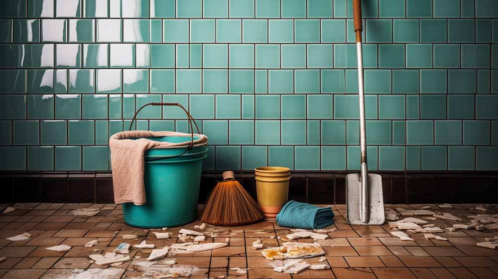 A_ceramic_tile_wall_with_a_mop_bucket_and_scrub_brus
