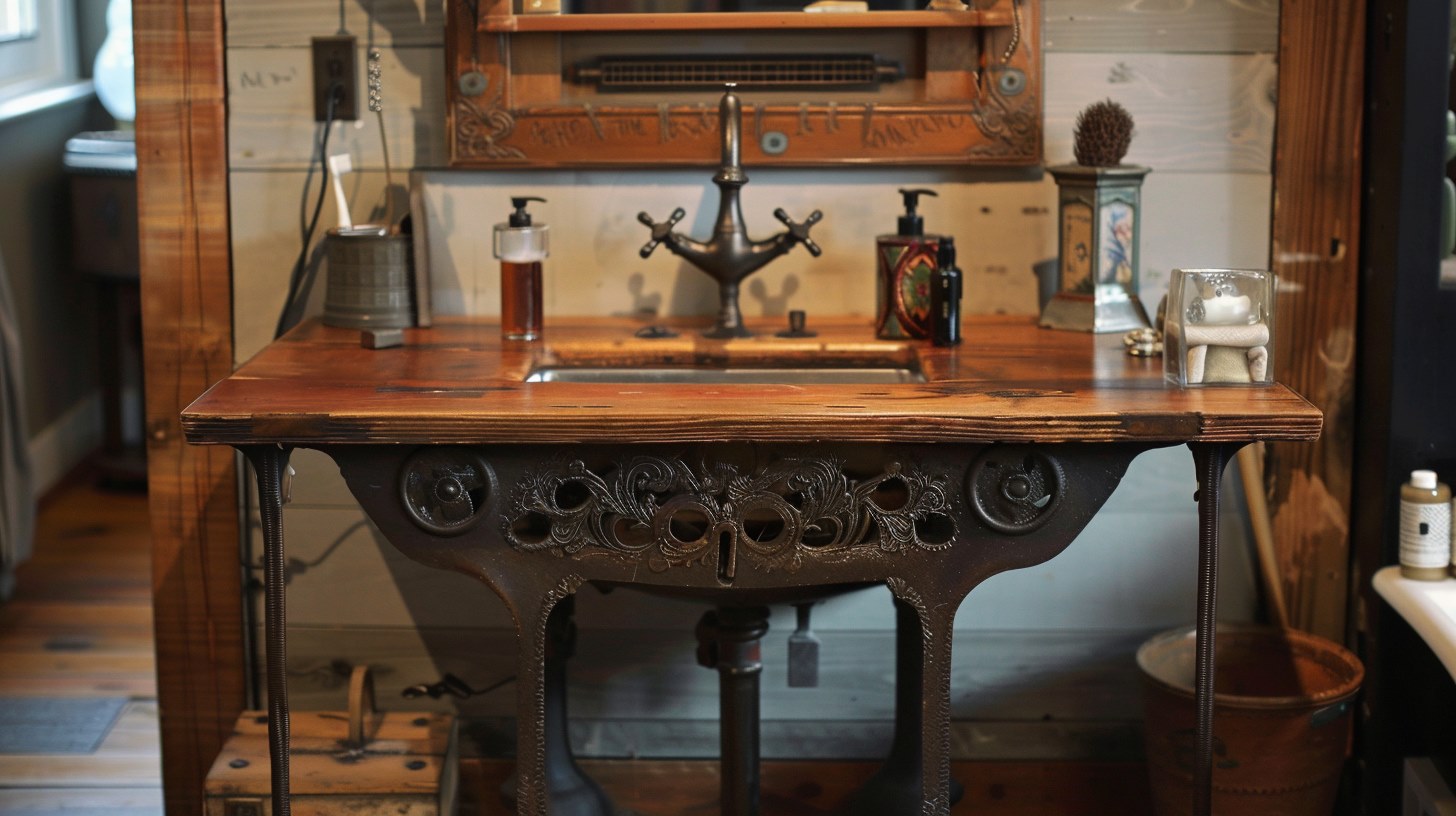 Converted Sewing Machine Table Base Vanity